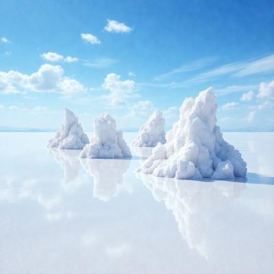 The primary subject of the image is a group of white, snow-covered mountains. The setting is a vast, open landscape with a blue sky in the background. The visual style is a photo, capturing the beauty of the snow-covered mountains. The colors and mood of the image are predominantly white and serene, creating a peaceful and tranquil atmosphere.